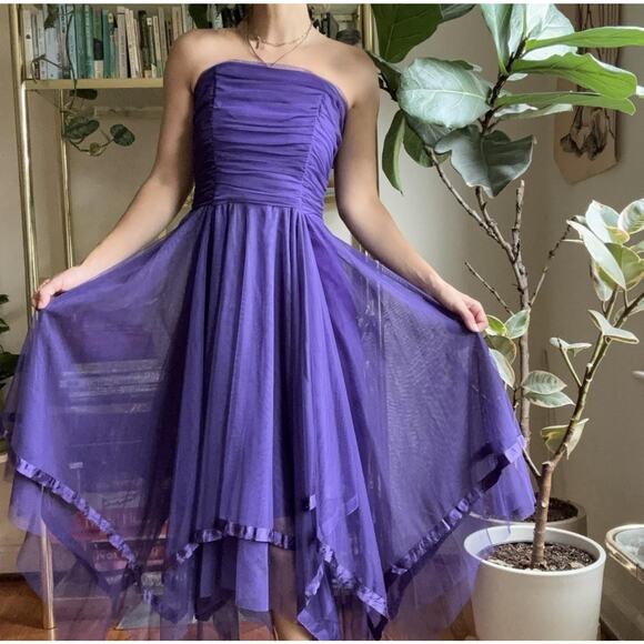 Vintage Y2K Asymmetrical Tulle Satin Trim Dress Womens 7/8 Fairy Whimsigoth HOCO - Picture 3 of 16